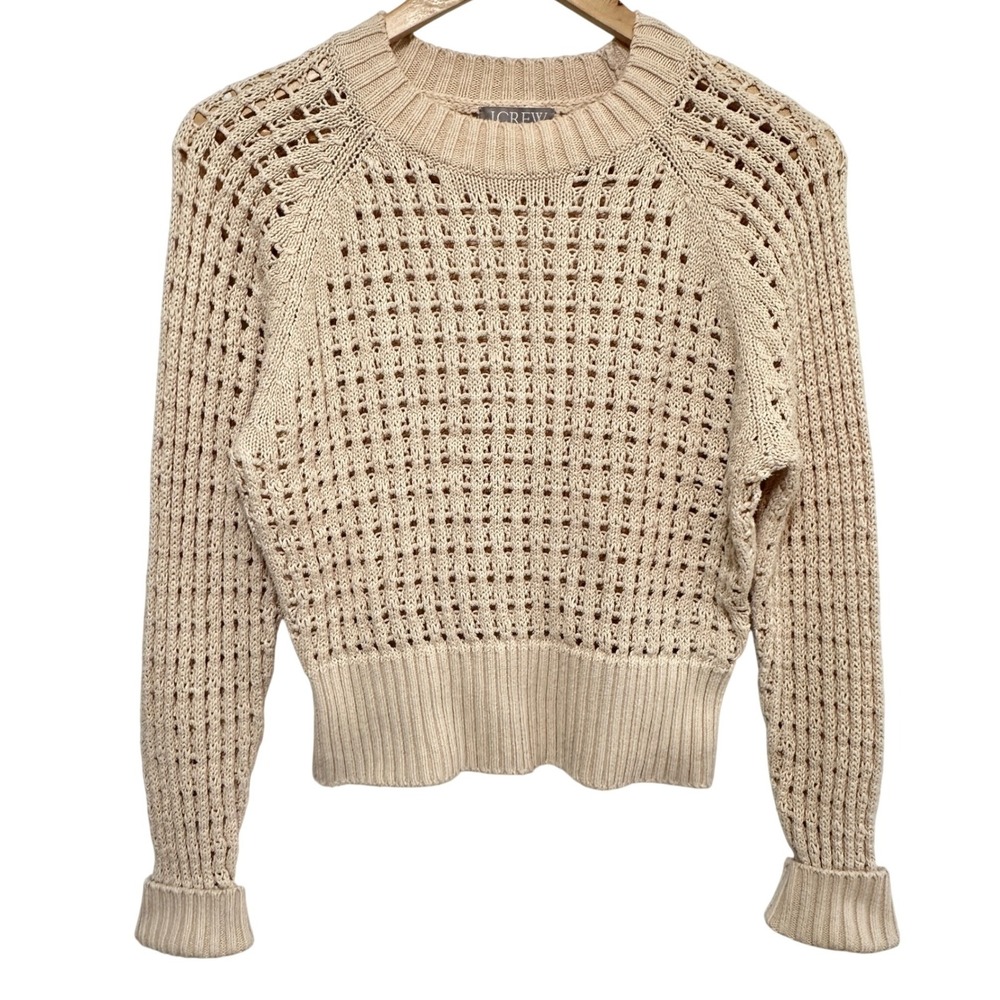 J. Crew Open Knit Cotton Crop Sweater Womens Medium Beach Vacation Coastal
